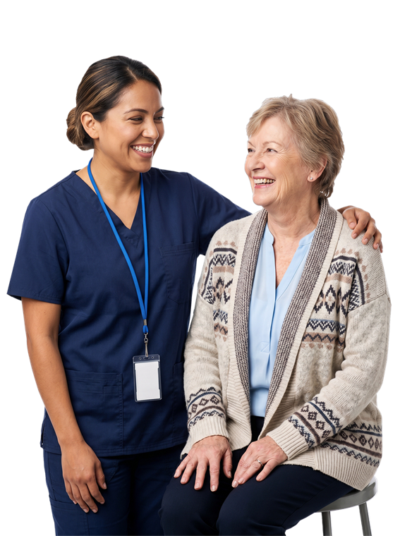 Compassionate caregiver standing with an older adult