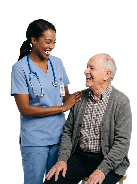Home healthcare professional sitting with an older patient